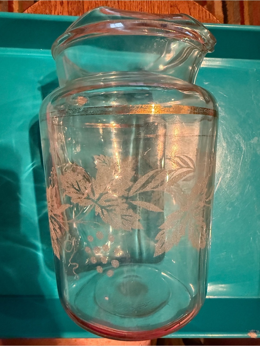 Bartlett Collins etched grapevine pitcher Vintage Ribbed Handle Gold Trim